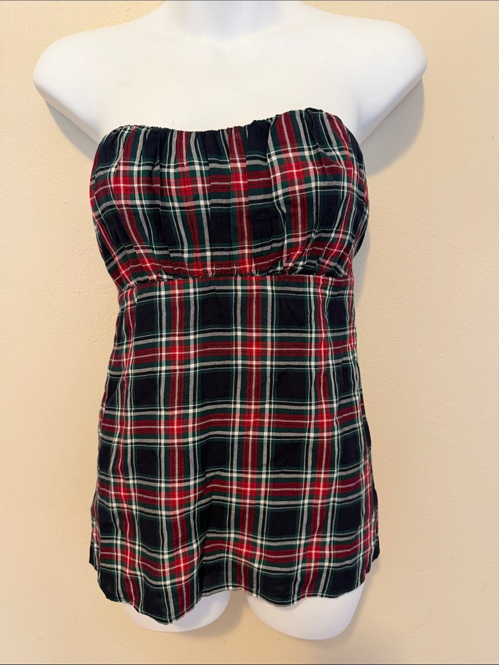Hollister Red, Green & Navy Plaid Strapless Tube Top with Navy Waist Tie